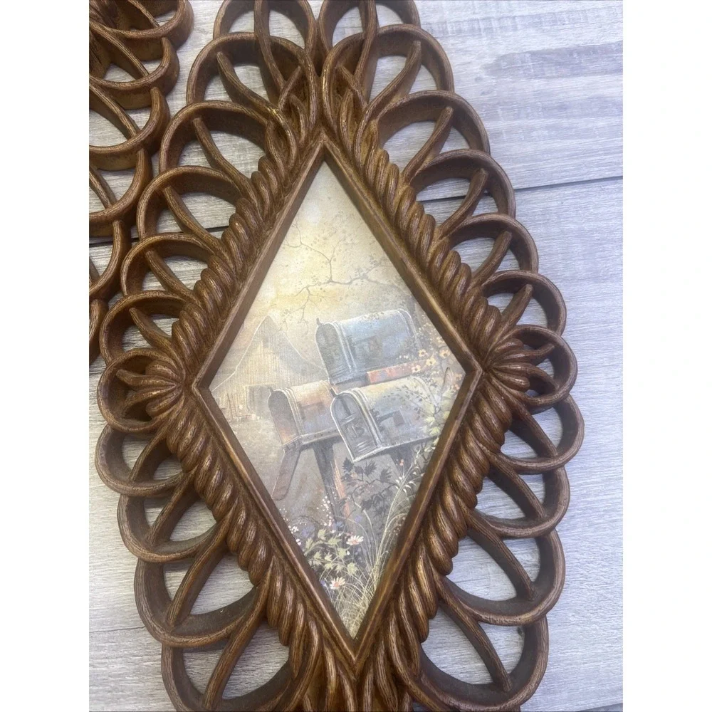 Country Scene #1350 Diamond Plaques Burwood Set Rustic Set Of 4 Wall Hanging Vtg